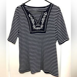 Croft and Barrow Navy and White Striped Top with Embroidered Front XL